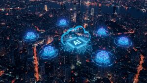 Bird’s eye view of AI cloud architecture visualized as floating data clusters above a city skyline, glowing connection lines by pixlelo.com Variation 39