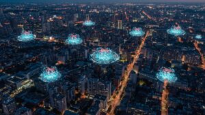 Bird’s eye view of AI cloud architecture visualized as floating data clusters above a city skyline, glowing connection lines by pixlelo.com Variation 49