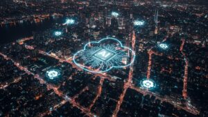 Bird’s eye view of AI cloud architecture visualized as floating data clusters above a city skyline, glowing connection lines by pixlelo.com Variation 52