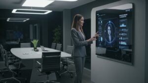 Businesswoman giving a demo of a voice AI assistant in a smart boardroom, ambient lighting, futuristic interface on glass panel by pixlelo.com Variation 82