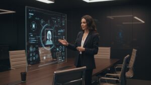 Businesswoman giving a demo of a voice AI assistant in a smart boardroom, ambient lighting, futuristic interface on glass panel by pixlelo.com Variation 84
