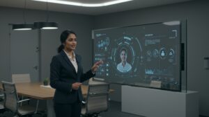 Businesswoman giving a demo of a voice AI assistant in a smart boardroom, ambient lighting, futuristic interface on glass panel by pixlelo.com Variation 86
