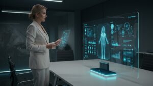 Businesswoman giving a demo of a voice AI assistant in a smart boardroom, ambient lighting, futuristic interface on glass panel by pixlelo.com Variation 88