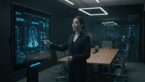 Businesswoman giving a demo of a voice AI assistant in a smart boardroom, ambient lighting, futuristic interface on glass panel by pixlelo.com Variation 90