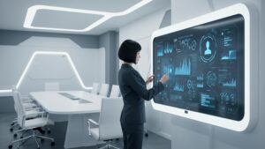Businesswoman giving a demo of a voice AI assistant in a smart boardroom, ambient lighting, futuristic interface on glass panel by pixlelo.com Variation 91
