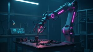 Cinematic view of an AI powered robotic arm assembling delicate electronics in a startup lab, glowing sensors, dark tech noir tone by pixlelo.com Variation 55