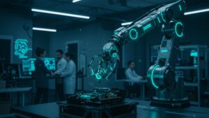 Cinematic view of an AI powered robotic arm assembling delicate electronics in a startup lab, glowing sensors, dark tech noir tone by pixlelo.com Variation 64