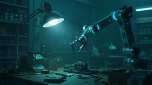 Cinematic view of an AI powered robotic arm assembling delicate electronics in a startup lab, glowing sensors, dark tech noir tone by pixlelo.com Variation 65