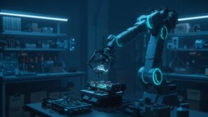 Cinematic view of an AI powered robotic arm assembling delicate electronics in a startup lab, glowing sensors, dark tech noir tone by pixlelo.com Variation 67