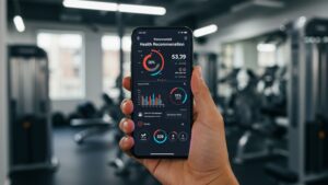 Close up of a mobile app screen showing personalized AI health recommendations, hand holding phone in gym environment by pixlelo.com Variation 44