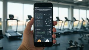 Close up of a mobile app screen showing personalized AI health recommendations, hand holding phone in gym environment by pixlelo.com Variation 45