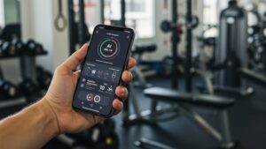 Close up of a mobile app screen showing personalized AI health recommendations, hand holding phone in gym environment by pixlelo.com Variation 46
