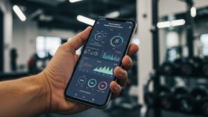 Close up of a mobile app screen showing personalized AI health recommendations, hand holding phone in gym environment by pixlelo.com Variation 47