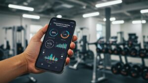 Close up of a mobile app screen showing personalized AI health recommendations, hand holding phone in gym environment by pixlelo.com Variation 57