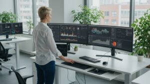 Data scientist at standing desk reviewing real time machine learning results on large curved monitors, plant filled tech workspace by pixlelo.com Variation 89