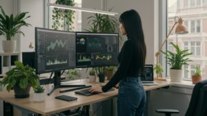 Data scientist at standing desk reviewing real time machine learning results on large curved monitors, plant filled tech workspace by pixlelo.com Variation 90