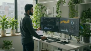 Data scientist at standing desk reviewing real time machine learning results on large curved monitors, plant filled tech workspace by pixlelo.com Variation 92