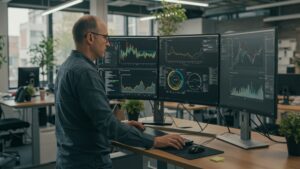 Data scientist at standing desk reviewing real time machine learning results on large curved monitors, plant filled tech workspace by pixlelo.com Variation 93