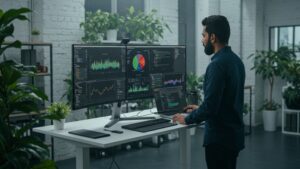 Data scientist at standing desk reviewing real time machine learning results on large curved monitors, plant filled tech workspace by pixlelo.com Variation 94