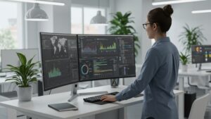 Data scientist at standing desk reviewing real time machine learning results on large curved monitors, plant filled tech workspace by pixlelo.com Variation 95