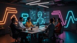 Diverse team in a strategy meeting, AI assistant projected in 3D above table, modern enterprise office with neon accents by pixlelo.com Variation 01