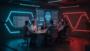 Diverse team in a strategy meeting, AI assistant projected in 3D above table, modern enterprise office with neon accents by pixlelo.com Variation 02