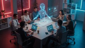Diverse team in a strategy meeting, AI assistant projected in 3D above table, modern enterprise office with neon accents by pixlelo.com Variation 03