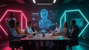 Diverse team in a strategy meeting, AI assistant projected in 3D above table, modern enterprise office with neon accents by pixlelo.com Variation 06