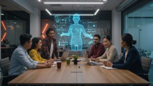 Diverse team in a strategy meeting, AI assistant projected in 3D above table, modern enterprise office with neon accents by pixlelo.com Variation 11