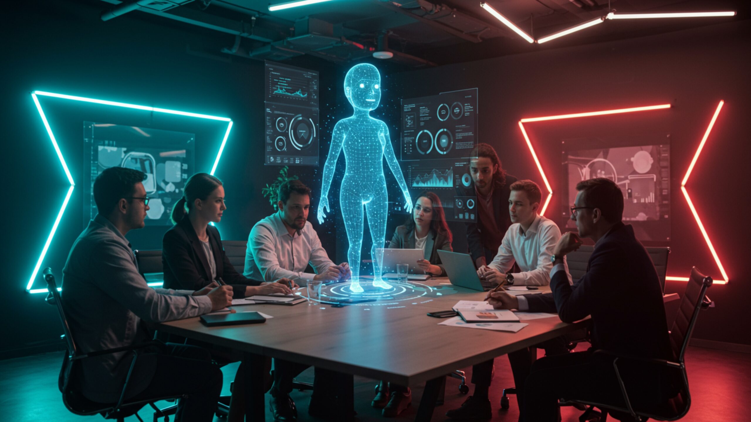 Download Diverse Team with 3D AI Assistant in Strategy Meeting – 100 AI-Generated 4K JPGs (Royalty-Free)
