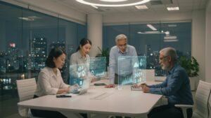 Futuristic office with transparent AI dashboards hovering in mid air, diverse team analyzing predictive analytics, warm lighting, glass walls, clean minimalist decor by pixlelo.com Variation 86