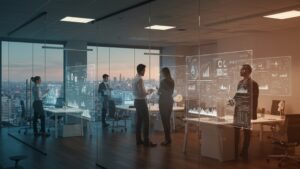 Futuristic office with transparent AI dashboards hovering in mid air, diverse team analyzing predictive analytics, warm lighting, glass walls, clean minimalist decor by pixlelo.com Variation 96