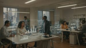 Futuristic office with transparent AI dashboards hovering in mid air, diverse team analyzing predictive analytics, warm lighting, glass walls, clean minimalist decor by pixlelo.com Variation 97