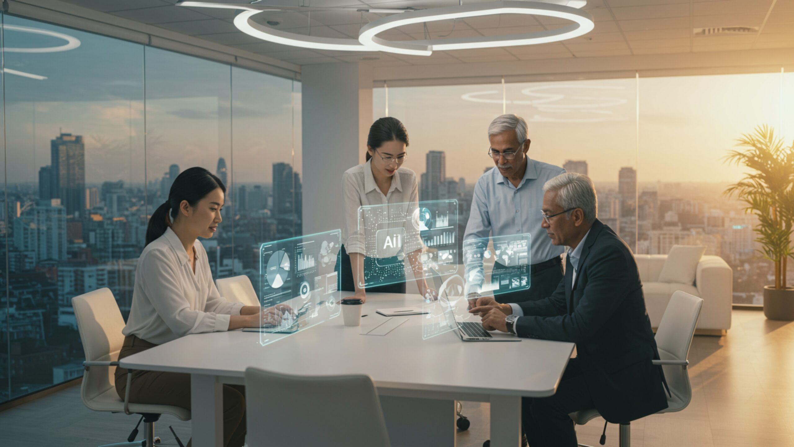 Download Futuristic Office with Transparent AI Dashboards – 100 AI-Generated 4K JPGs (Royalty-Free)