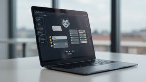 Photorealistic close up of AI powered chatbot UI on a sleek business laptop in a modern workspace, soft daylight, subtle reflections by pixlelo.com Variation 68