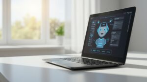 Photorealistic close up of AI powered chatbot UI on a sleek business laptop in a modern workspace, soft daylight, subtle reflections by pixlelo.com Variation 70