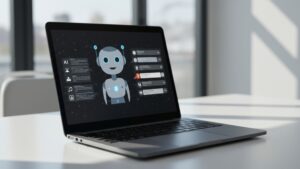 Photorealistic close up of AI powered chatbot UI on a sleek business laptop in a modern workspace, soft daylight, subtle reflections by pixlelo.com Variation 71
