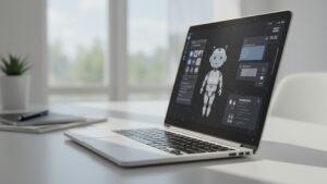 Photorealistic close up of AI powered chatbot UI on a sleek business laptop in a modern workspace, soft daylight, subtle reflections by pixlelo.com Variation 72