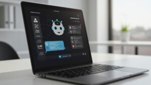 Photorealistic close up of AI powered chatbot UI on a sleek business laptop in a modern workspace, soft daylight, subtle reflections by pixlelo.com Variation 78