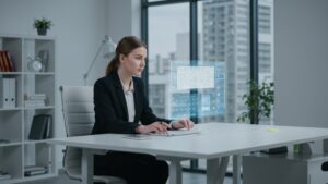 Real world office with holographic AI productivity assistant scheduling meetings and tasks, clean tech design, minimal style by pixlelo.com Variation 83