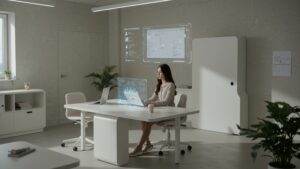 Real world office with holographic AI productivity assistant scheduling meetings and tasks, clean tech design, minimal style by pixlelo.com Variation 84