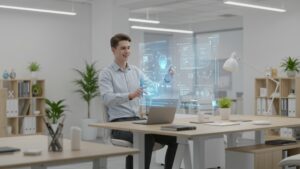 Real world office with holographic AI productivity assistant scheduling meetings and tasks, clean tech design, minimal style by pixlelo.com Variation 85