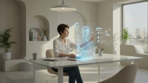 Real world office with holographic AI productivity assistant scheduling meetings and tasks, clean tech design, minimal style by pixlelo.com Variation 86