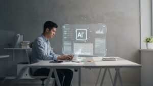 Real world office with holographic AI productivity assistant scheduling meetings and tasks, clean tech design, minimal style by pixlelo.com Variation 87