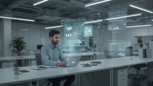 Real world office with holographic AI productivity assistant scheduling meetings and tasks, clean tech design, minimal style by pixlelo.com Variation 89