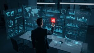 Realistic dashboard showing fraud detection alerts powered by AI, viewed from above with businessman pointing at red flag data by pixlelo.com Variation 22