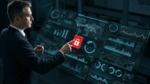 Realistic dashboard showing fraud detection alerts powered by AI, viewed from above with businessman pointing at red flag data by pixlelo.com Variation 30