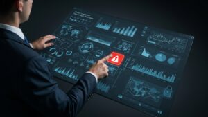Realistic dashboard showing fraud detection alerts powered by AI, viewed from above with businessman pointing at red flag data by pixlelo.com Variation 32