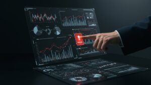 Realistic dashboard showing fraud detection alerts powered by AI, viewed from above with businessman pointing at red flag data by pixlelo.com Variation 72