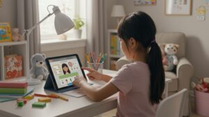 Virtual AI tutor on a tablet helping a child with math problems, cozy home learning environment, natural daylight by pixlelo.com Variation 10